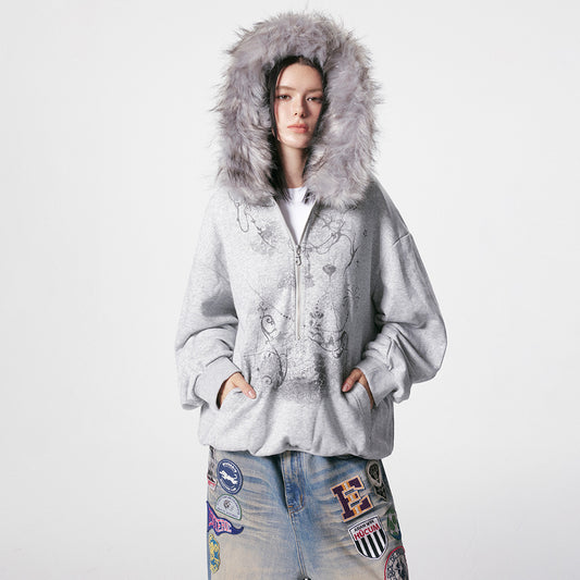 Suéter Cardigan con Cuello de Piel y Cierre de Cremallera