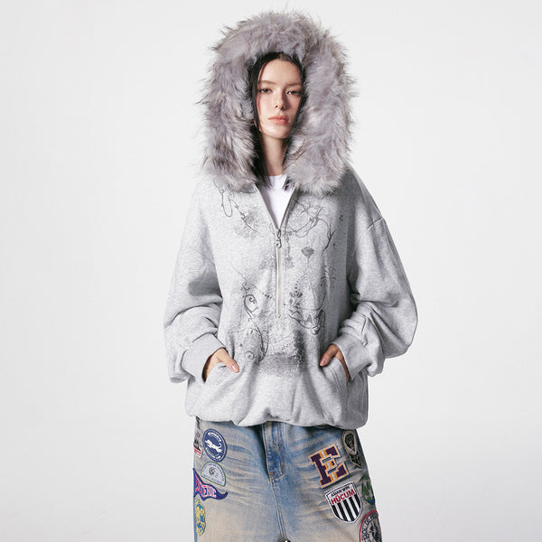 Suéter Cardigan con Cuello de Piel y Cierre de Cremallera
