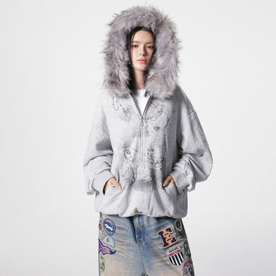 Suéter Cardigan con Cuello de Piel y Cierre de Cremallera