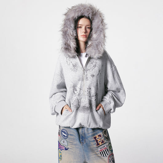 Suéter Cardigan con Cuello de Piel y Cierre de Cremallera