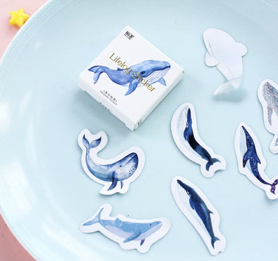 Box of 'Lifelog sticker' whale stickers with various blue whale designs scattered on a light blue plate. - Image 3