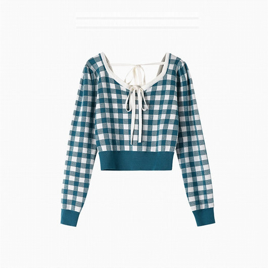 Blusa Tejida de Manga Larga a Cuadros con Moño Elegante - Image 10
