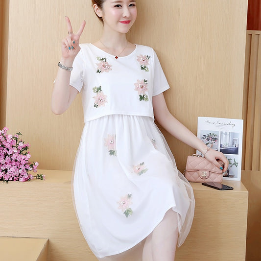 Vestido Lactancia Talla Grande Estilo Coreano Falso Dos Piezas Manga Corta Verano