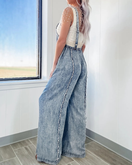 Jumpsuit Denim Vintage de Piernas Anchas con Tirantes - Image 9