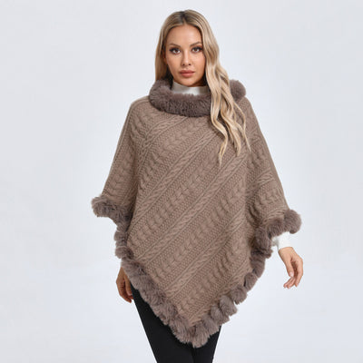Poncho Tipo Capa de Punto Grueso con Cuello de Pelaje - Image 2