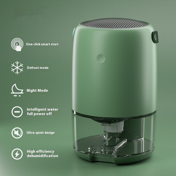 White compact dehumidifier with a transparent water tank, featuring a top grille and a power button. Highlights smart start, defrost, night mode, and quiet oper
