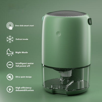 White compact dehumidifier with a transparent water tank, featuring a top grille and a power button. Highlights smart start, defrost, night mode, and quiet oper
