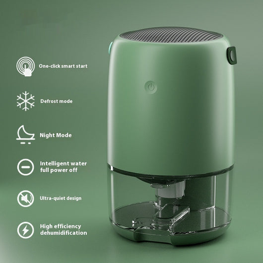 White compact dehumidifier with a transparent water tank, featuring a top grille and a power button. Highlights smart start, defrost, night mode, and quiet oper