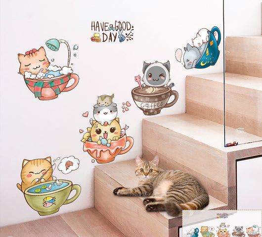 Cartoon cat wall sticker featuring multiple playful cats, one reaching for a fish, with "I LOVE FISH" text. - Image 9