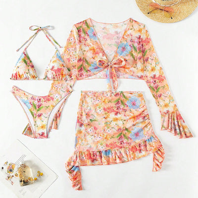 Four-piece women's beachwear set with a peach, blue, and green floral print. Includes a triangle bikini, long-sleeve tie-front cover-up, and ruched mini skirt. - Image 6
