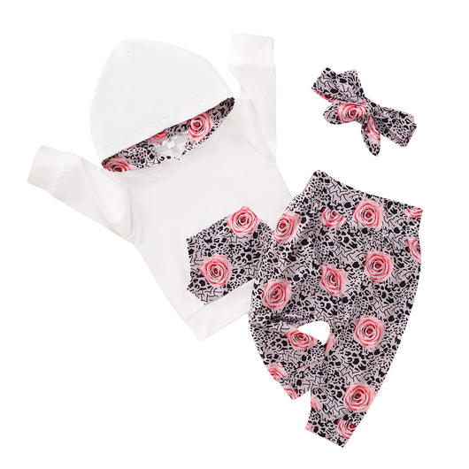 Conjunto de Sudadera con Capucha y Pantalón Blanco para Bebé con Diseño Floral - Image 3