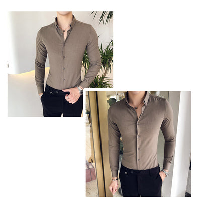 Camisa Manga Larga Estilo Gentleman Británico de Color Sólido - Image 41