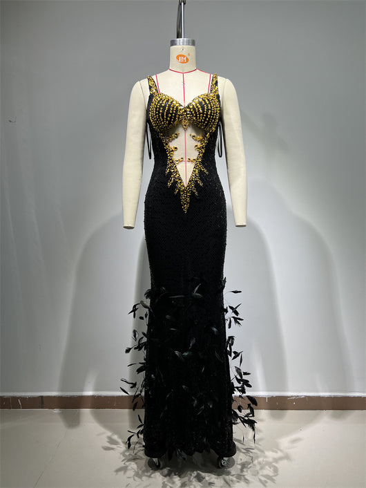 Vestido Sling Negro con Lentejuelas de Pluma - Image 15