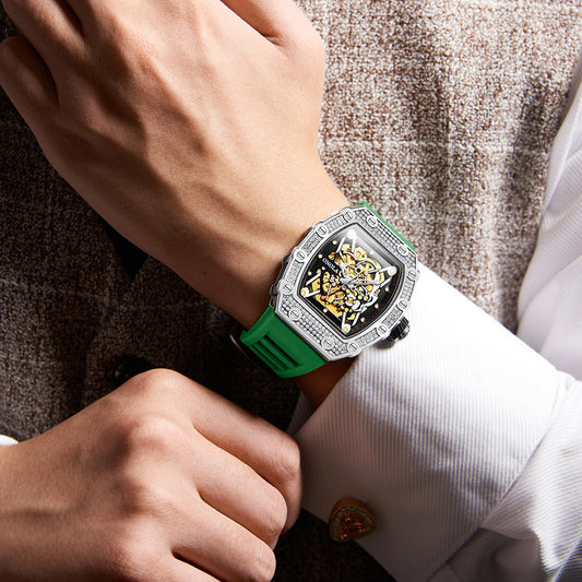 Reloj Automático para Hombre con Cristales y Correa de Silicona Resistente al Agua