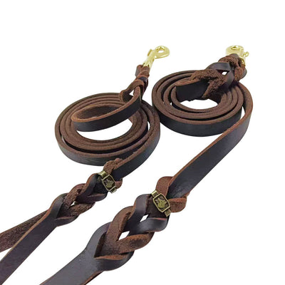 Dark brown braided leather dog leash with a gold-tone swivel snap hook, coiled on a white background. - Image 4