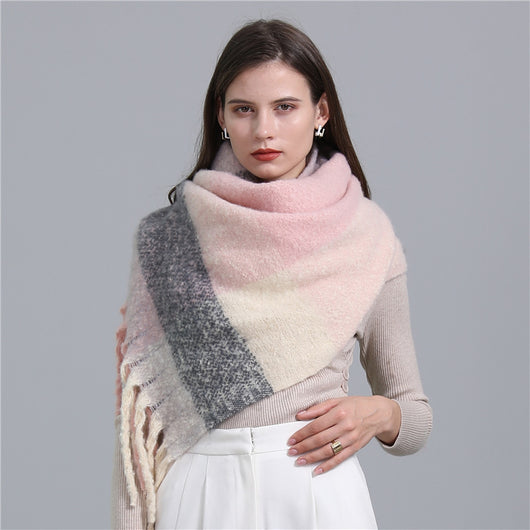 Bufanda Cuadros Europea Larga con Flecos - Chal Invierno Grueso Rayas Combinadas - Image 10