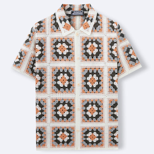 Blusa Tricô Manga Curta com Blocos de Cor e Gola Lapela Vazada