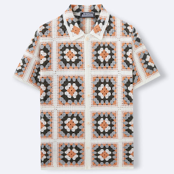 Blusa Tejida de Manga Corta con Bloques de Color y Cuello Solapa Calado