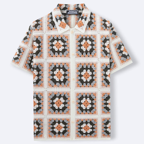 Blusa Tejida de Manga Corta con Bloques de Color y Cuello Solapa Calado