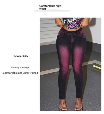 Pantalones Slim Ajustados de Talle Alto con Estampado Denim Sintético y Elasticidad - Image 8