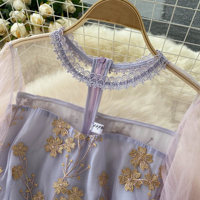 Vestido Elegante con Mangas Linterna de Malla y Bordado Calado - Image 12