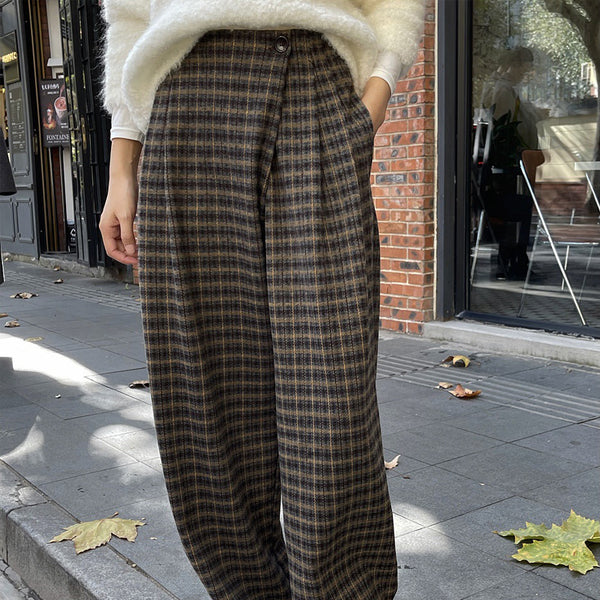 Pantalones Retro Cuadros Cintura Alta Mujer - Estilo Casual Holgado