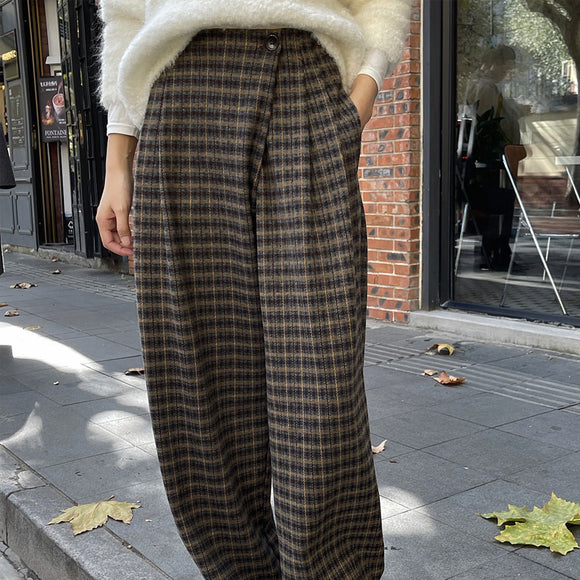 Pantalones Retro Cuadros Cintura Alta Mujer - Estilo Casual Holgado