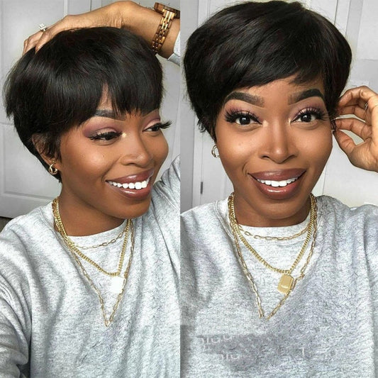 Peluca Corta Pixie Cut Negra Lisa - Cabello Sintético Premium