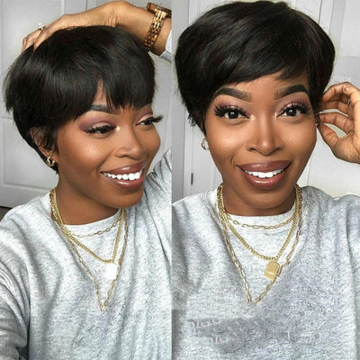 Peluca Corta Pixie Cut Negra Lisa - Cabello Sintético Premium
