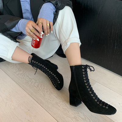 Botas Martin Retro Románticas con Cordones y Tacón Grueso Alto