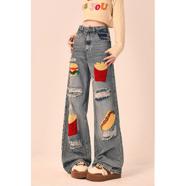 Pantalones Vaqueros Rotos Oversized de Pierna Recta Ancha para Mujer