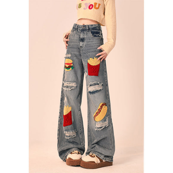 Pantalones Vaqueros Rotos Oversized de Pierna Recta Ancha para Mujer
