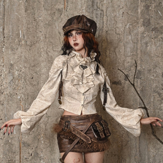 Camisa Steampunk de Algodón y Lino con Cuello Alzado y Volantes Desgastados - Image 11