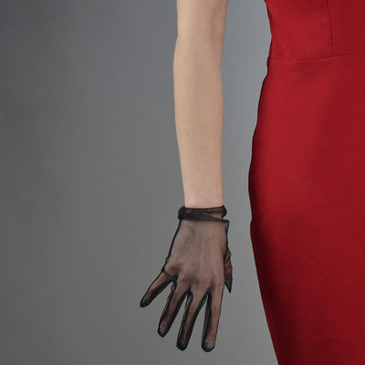 Guantes Cortos de Seda Negra con Encaje Volado 20cm - Talla Grande - Image 9
