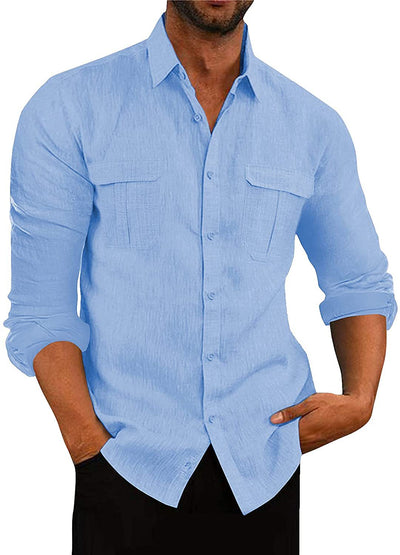 Camisa Hombre Algodón Lino con Bolsillos Dobles Estilo Europeo - Image 16