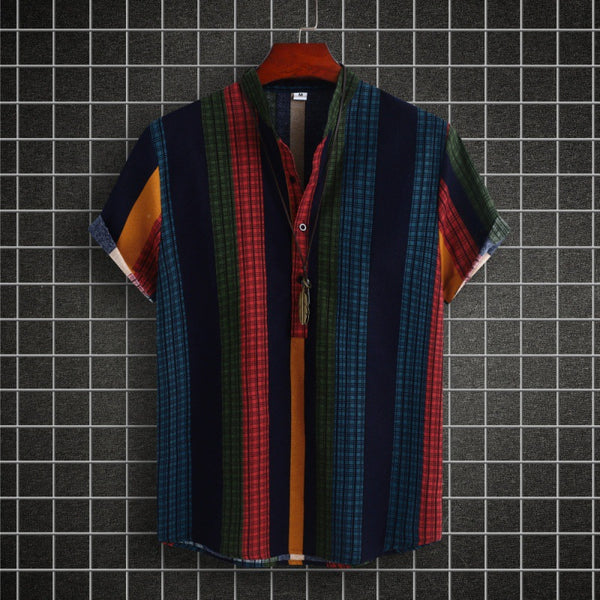 Camisa Étnica de Cuello Mao Rayas Algodón-Lino Manga Corta