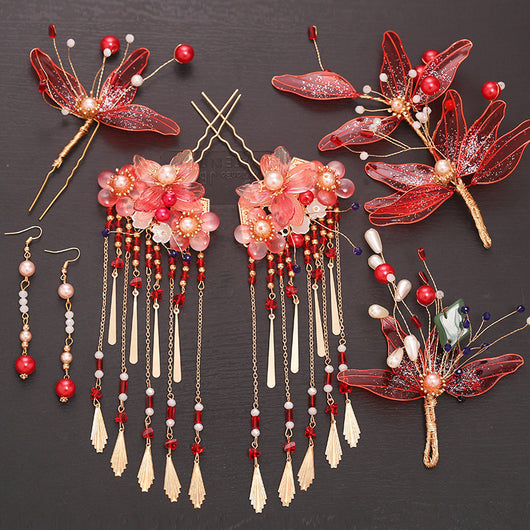 Tocado Estilo Antiguo con Flores Rojas y Flecos - Corona de Pelo Nupcial - Image 4