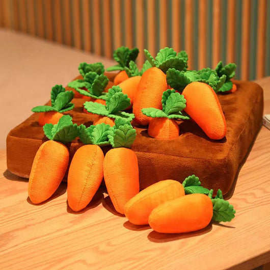 Brown plush snuffle mat with ten orange carrot-shaped toys, each with green leafy tops, for pet foraging and play. - Image 4