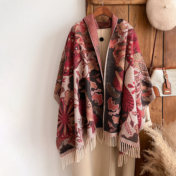 Bufanda Étnica Cálida de Diseño Floral y Aves para Mujer