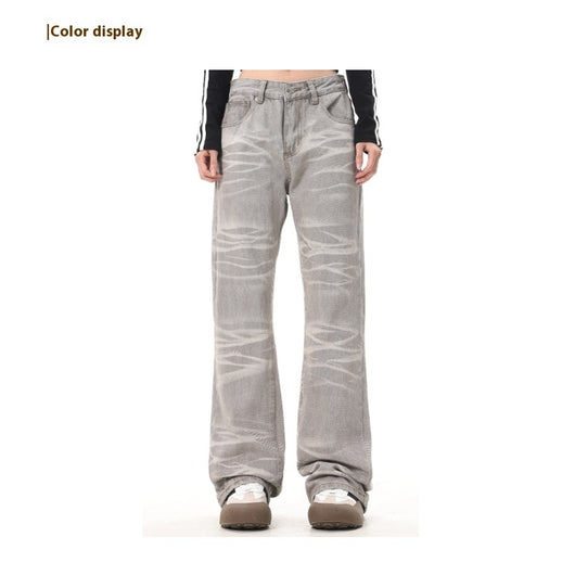 Jeans Rectos Desgastados a Mano Gris Mud con Rayas Retro - Image 14