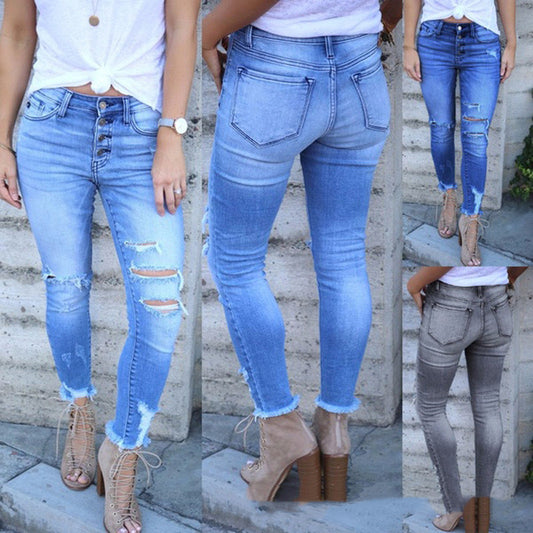 Jeans Slim Fit Rotos para Mujer con Stretch y Cintura Ajustada