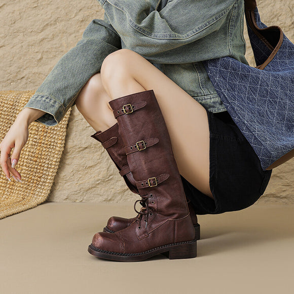 Botas Negras y Marrones para Mujer con Tacón Grueso y Hebilla