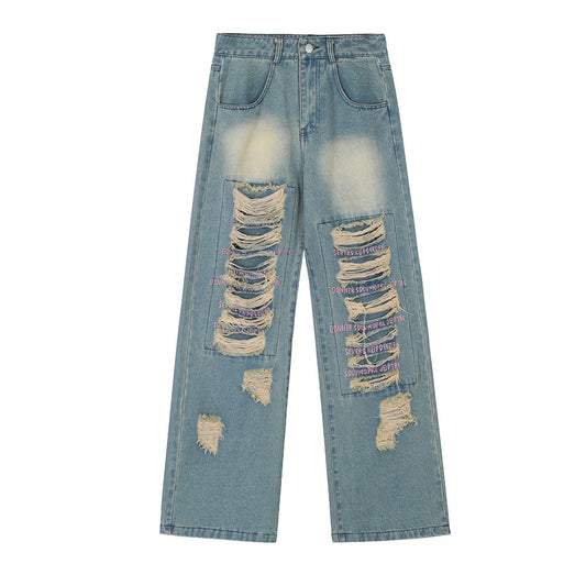 Jeans Rotos con Parches Bordados y Letras