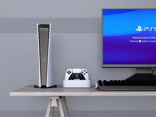 White and black dual charging dock for PS5 gamepads, featuring two charging ports and two storage slots. - Image 7