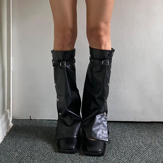 Calentador de Pierna Cuero Negro con Hebilla Metal Punk - Image 18