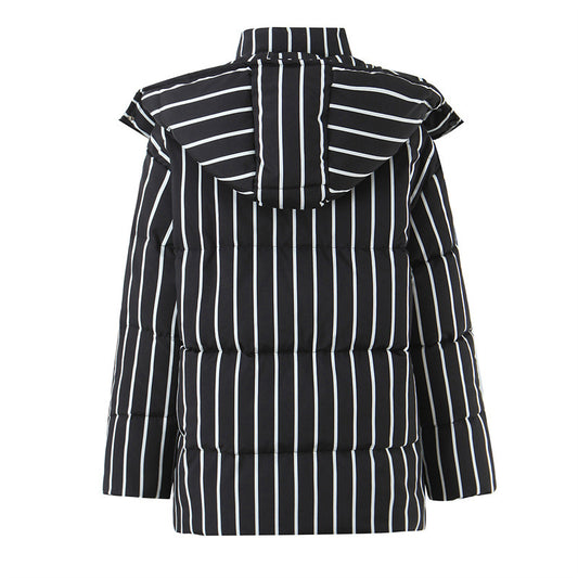 Abrigo de Algodón Negro con Rayas y Capucha para Mujer - Image 2