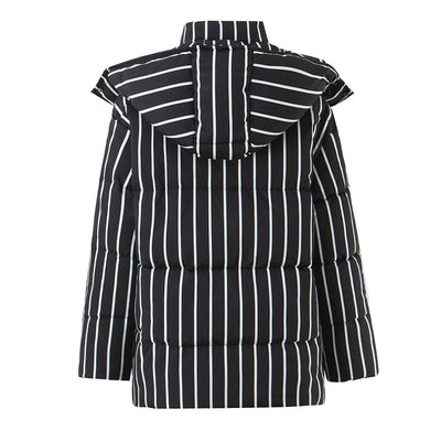 Abrigo de Algodón Negro con Rayas y Capucha para Mujer - Image 2