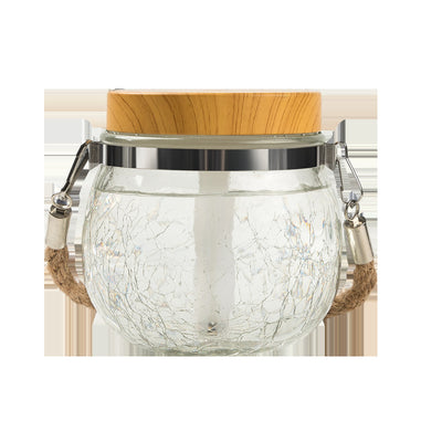 Desktop humidifier with a clear, crackled glass base, white lid, and a brown rope handle. - Image 6