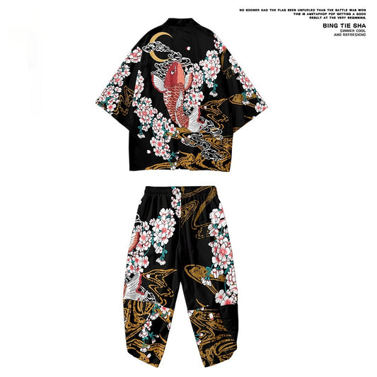 Conjunto Kimono Harajuku Estampado Digital Koi - Bata, Pantalones Cortos y Capa