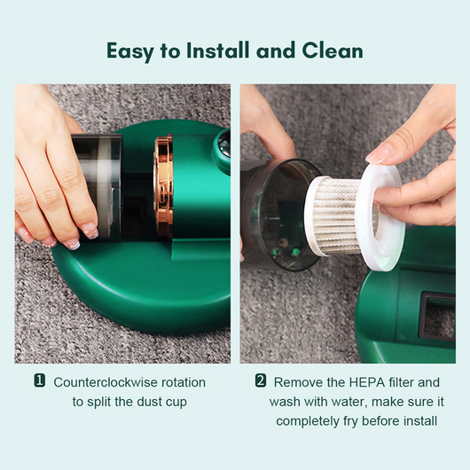 Dark blue handheld bed vacuum cleaner with clear dustbin, gold accents, and illuminated control panel on a charging base. - Image 16